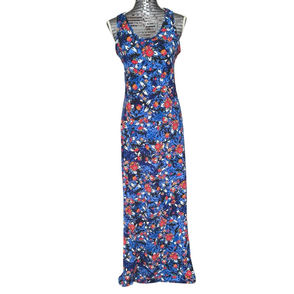 LuLaRoe Dani Floral Sleeveless Floor Length Column Maxi Dress Blue Red Sz MED - Picture 2 of 9